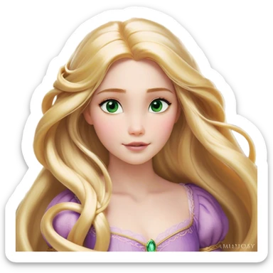 Cinematic Realistic Rapunzel Portrait, with porcelain-like skin featuring a subtle, natural glow, illuminated by soft lighting that brings out the gentle contours of her face. Her long, golden blonde hair cascades in detailed waves, each strand highlighted with a radiant shimmer as it catches the light. Her bright, expressive green eyes exude curiosity and warmth, framed by delicate lashes and soft, arched brows. Her expression is playful and vibrant, with a gentle smile. She is dressed in her classic lavender and pink gown, the fabric textured with delicate folds that flow naturally, catching the light with a soft, radiant glow. The portrait captures a luminous, enchanting aura, seamlessly blending realism with a whimsical, fairytale charm, evoking a timeless sense of beauty and magic. sticker