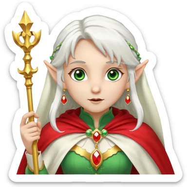an elf with very white hair and two long PONYTAILS on the side of her head, she has a curtain bang, green eyes, she has a white cape with golden borders and a scepter with a red orb, she has earrings that look like red drops sticker