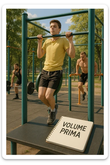 Atleta neofita giovane in un parco attrezzato per streetlifting, fisico ancora in fase iniziale. È intento a eseguire molte ripetizioni di esercizi a corpo libero con pesi leggeri (zavorra moderata), come trazioni e dip su parallele. Accanto a lui un taccuino di allenamento con la scritta 'Volume Prima'. L’atmosfera è luminosa e motivante, con altri atleti più muscolosi che sollevano carichi pesanti, ma lui è concentrato sul gesto tecnico e sulla costanza. Stile realistico, colori naturali, messaggio educativo su priorità all’adattamento progressivo e al volume. sticker
