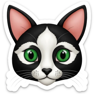 Haz una gata de ojos verdes la cara blanca con mancha negra en las orejas que agarra parte de la frente del lado der pero del iz va desde el ojo hasta la oreja la mancha, tiene la nariz negra en forma de corazón y todo lo que sobra de la cara, barbilla la nariz arriba y el lado de bigotes es blanca sticker