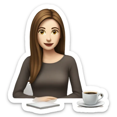 Side view realistic posh brown straight haired pale woman sits at the coffee table sticker