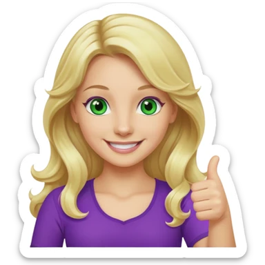 lady with long wavy blonde hair, purple top, green eyes, thumbs up sticker