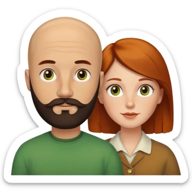Couple. Bald man with dark brown-black beard. White woman with many small, faded freckles, she has white skin and she has auburn-yellow-brown-cinnamon, dark hair. She has light orange-brown eyes. The man have hazel eyes. They like green. Retro style. sticker