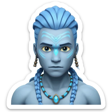 avatar-style Na’vi male portrait, head and shoulders only, blue skin, bioluminescent markings, strong face features, braided hair, tribal necklace, heroic expression, 3D cartoon, mobile game icon style, clean background, no text, no watermark
 sticker