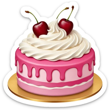 Round pink frosted cake with textured buttercream sides, placed on a gold cake board.
White whipped cream swirls on top, each topped with glossy red cherries with stems, clean studio lighting, isolated background, realistic minimal emoji-style. sticker