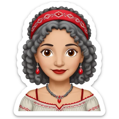 Latina woman, about 55 years old, slightly darker warm brown skin, round soft face, curly black and gray hair, red and white headband, medium eyes, thin eyebrows, gentle smile, gray peasant blouse with embroidery, bare shoulders, large dark necklace sticker