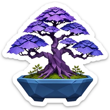 Futuristic wild glowing space alien moss maples Bonsai hair-fine-leaf group multi faceted intricate crystalline inspired boxwood purple rose blue informal rocky cliffhanger eight trees forest planting in shallow origami slab style pot with big animal-like feet  sticker