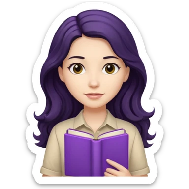 Long Hair Women with purple Book, Black wavy hair, beige shirt sticker
