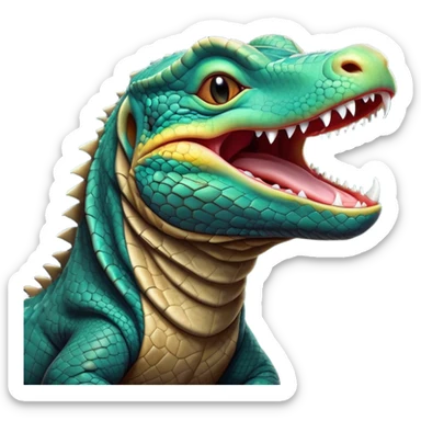 Cinematic Cute Yawning Komodo Dragon Lizard Portrait Emoji, Head slightly angled in a dramatic, wide-open yawn, showcasing rugged, textured scales and sleepy, half-closed eyes, Simplified yet irresistibly adorable features, highly detailed, glowing with a soft, cozy glow, high shine, relaxed yet expressive, stylized with a hint of whimsical wildness, soft glowing outline, capturing the essence of a drowsy yet endearing reptile that appears ready to stretch out for a nap! sticker