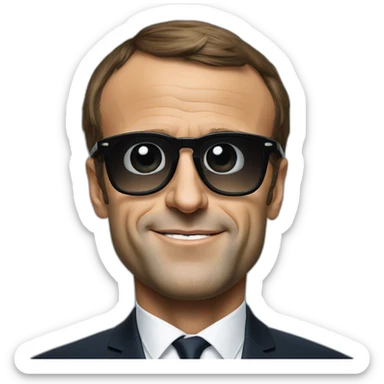 Emmanuel Macron wearing sunglasses, there is a big € on each eye of the glasses sticker