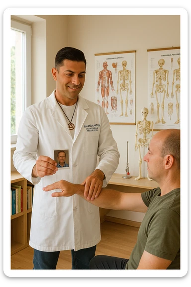 a middle-aged man, dressed in casual professional attire, is in a bright, organized therapy studio. Durante una visita di kinesiologia, il ragazzo tiene con una mano la foto di una persona lontana (il “testimone”) tiene la foto in mano, mentre con l’altra mano esegue un test muscolare su un cliente presente senza foto. Sullo sfondo si vedono libri di kinesiologia, poster anatomici e strumenti tipici della disciplina. L’atmosfera è concentrata e serena, con luce naturale che entra dalla finestra, sottolineando l’aspetto alternativo e umano della pratica. sticker