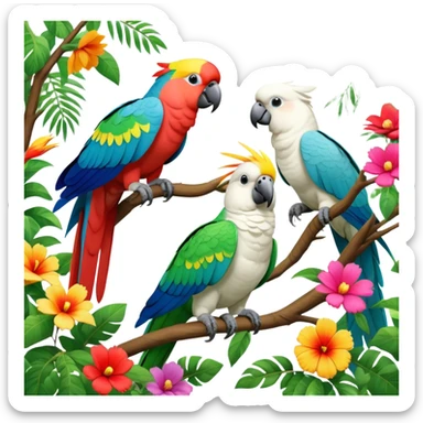 Close-up collage of vibrant Ara parrots and Inca cockatoos sitting on tree branches, surrounded by lush greenery. Bright colors of the birds stand out against a natural, sunny background of trees and flowers. Transparent background. sticker