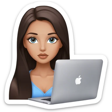 Glamours tanned very beautiful girl with pump natural peach beige lips and dark chocolate straight smooth long hair, blue-grey eyes with MacBook sticker