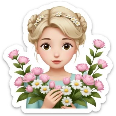 emojis.com a-girl--sitting--near-various-bouquets-of-flowers-,-white-and-pink-flowers-.-she-is-holding-a-single-white-flower-up-to-her-face,-her-hairstyle-is-slightly-messy-updo,-with-a-few-soft-strands-f (1) sticker