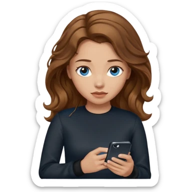 generate a pretty woman with blue eyes, light skin and medium brown long wavyshiny hair holding a phone she is looking at the phone while looking down at the screen. she is wearing an ALL black long sleeve sticker
