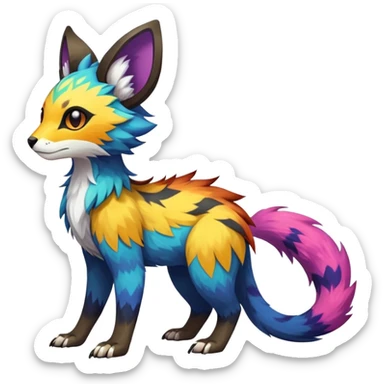 Rare realistic exotic edgy epic pretty beautiful handsome gorgeous aesthetic colorful vibrant Vernid-Trico-species-Fakemon-creature by LiLaiRa, 4 legs, 1 tail, random markings, tufted ears, (full body) sticker