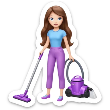beautiful barbie girl with long brown hair, blue eyes and wearing light purple clothes, cleaning and vacuuming sticker