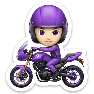 Créer un emoji avec une moto mt07 sport noir mate / violet iridescent très foncé. Avec une pilote dessus visière violet sombre faceless, bulle de la moto violet. Avec fond arrière violet, tenue complète casque inclus violet  sticker