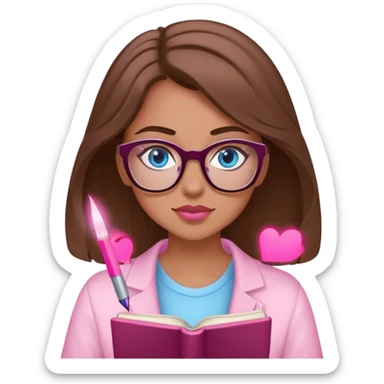 brown-haired, blue-eyed female writer writing a romance novel pink light sticker