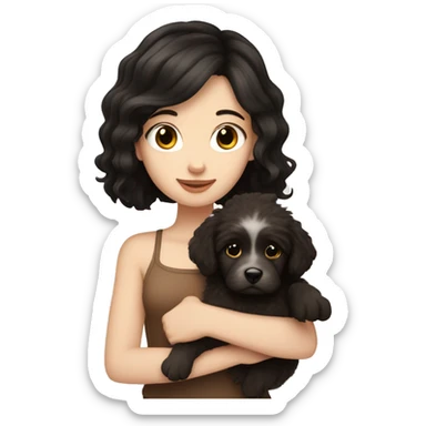 pale white girl with black hair holding brown fluffy puppy sticker