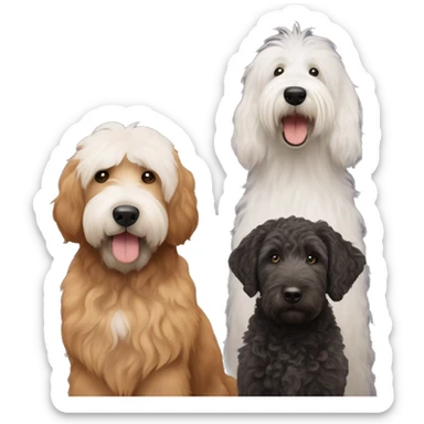 Two black golden doodles, a brown golden doodle, and a old English sheepdog together sticker