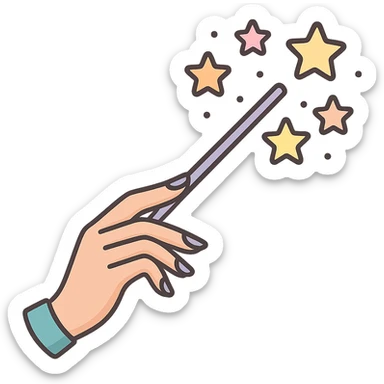 Elegant female hand with almond-shaped nails holding a magic wand in profile, stars flying out of the wand, Chinese Eastern style, thin clean contours, soft rounded shapes, pastel palette #98B5BC, #B5B3C1, #C9A3C9, #E4C0CA, #F7DCD1, #F7C0AA, detailed shadows and highlights, soft lighting, transparent background, no decorative elements. sticker