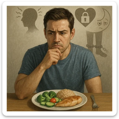 Realistic style illustration of a 30-year-old thoughtful man sitting at a table in front of a healthy plate with vegetables, brown rice, and chicken. He has a suspicious and worried expression towards the food. Behind him, transparent and blurred symbolic elements: a stylized head with vibrating lines representing stress, a heart locked with a padlock representing repressed emotions, a moon with tired eyes representing insomnia, and still legs with chains representing sedentariness. Neutral atmosphere, realistic with symbolic touch. sticker