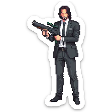 John Wick character with black suit, long dark hair, holding a gun sticker