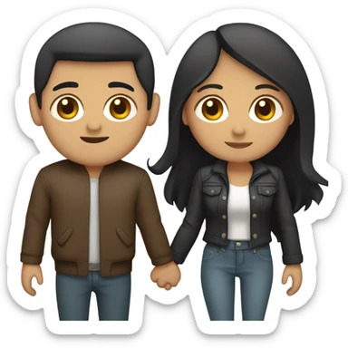 a couple holding hands. the guy has black middle part hair and is Persian and Filipino mix, wearing a jacket. the girl has brown medium length hair white and asian mix, wearing a crop top. sticker