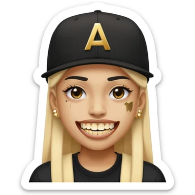 Give this person gold teeth. Give this person a black snapback with a white letter A. Give this person a scar on her face. sticker