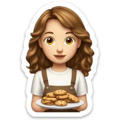 Young girl with brown hair and curtain bangs holding a plate of cookies white shirt sticker
