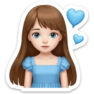 A pale girl with very long brown hair with bangs and a layer longer than that, wearing a cute sky blue dress and cute doll makeup.  sticker