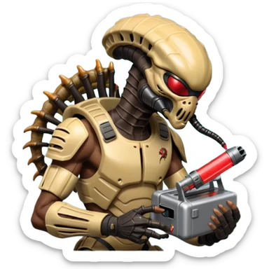 The Predator, as in the 1987 movie, with full armor, laser gun and mask eating an Alien facehugger from a lunchbox, the setting should be dark and sci-fi. sticker