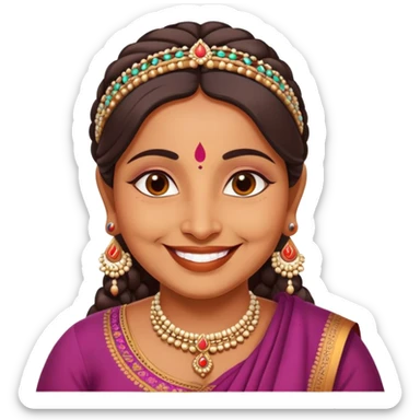 A cheerful Indian aunt (mausi) character with a plump face, smiling, wearing traditional Indian clothing and a bindi sticker