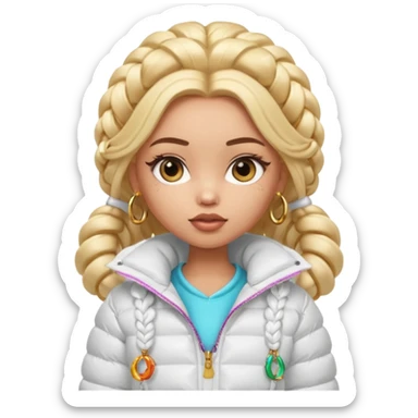 generate a pretty bratz girl with a WHITE puffer jacket, hoops, long braided hair sticker
