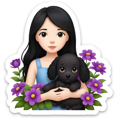 A girl with long black hair is holding a black teddy dog ​​in the flowers sticker