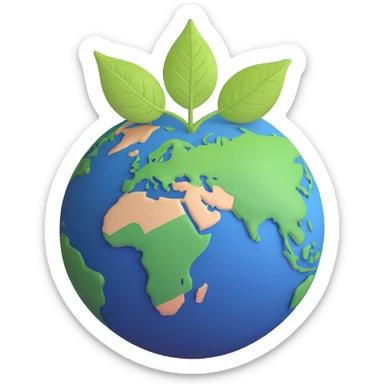 A single green leaf resting gently on top of a vibrant, round Earth globe. The focus is on the leaf and the globe with a simple background and soft natural lighting sticker