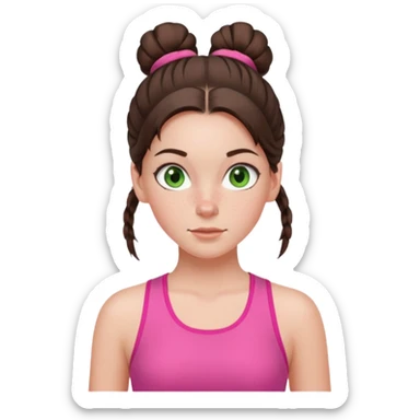 a white brunette girl with green eyes and freckles going for a run in a pink outfit with hair up in bun sticker