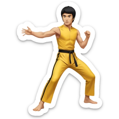 Bruce Lee in yellow jumpsuit, martial arts fighting stance, intense expression sticker
