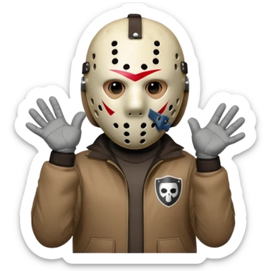 a cartoon image of Jason Voorhees, looking cute, with his hands clasped in front of him, at a sideways angle sticker