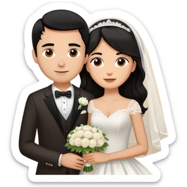 bride with long dark brown hair and groom whit very short black hair sticker