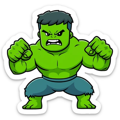 Hulk smashing with fists raised, green muscular superhero breaking ground, action pose, dynamic movement, angry expression sticker