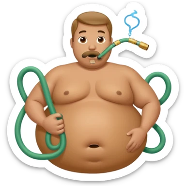 A man with a comically exaggeratedly absurdly huge round inflated belly and an air hose in his mouth sticker