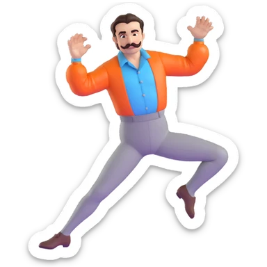 character inspired by Ilya Prusikin from Little Big's Eurovision 2020 'Uno' performance, slicked back shiny dark brown hair, thin handlebar mustache, light blue shirt with exaggerated puffed sleeves, deadpan but cheeky expression, stiff-armed theatrical dance pose sticker