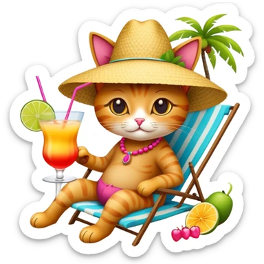 Cat with sunhat relaxing on beach with colorful mai tai cocktail sticker