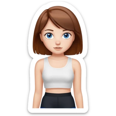 Brown haired girl with bob and blue eyes and freckles and white crop top and black shorts sticker