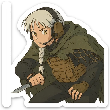 1 female, mid 20's, white hair in a long braid, gold yellow eyes, adorned in a black long sleeve shirt, tan body armor and a worn olive-green cloak with netting holding it together. She wears a COMTAC headset. she is hunched slightly, stealthily, focused on her target, holding a small combat blade at the ready sticker