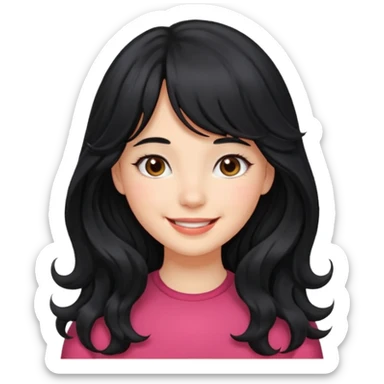 Please generate a portrait of a pretty girl with long, wavy, black hair. She's smiling. She also wears a middle parting and bangs. sticker