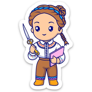 Ukrainian young girl with braided hair wearing a white embroidered traditional shirt (vyshyvanka) holding scissors and colorful craft paper sticker