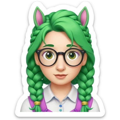 braided unicorn wiith big visible braids looking into the camera spectacled green hair sticker